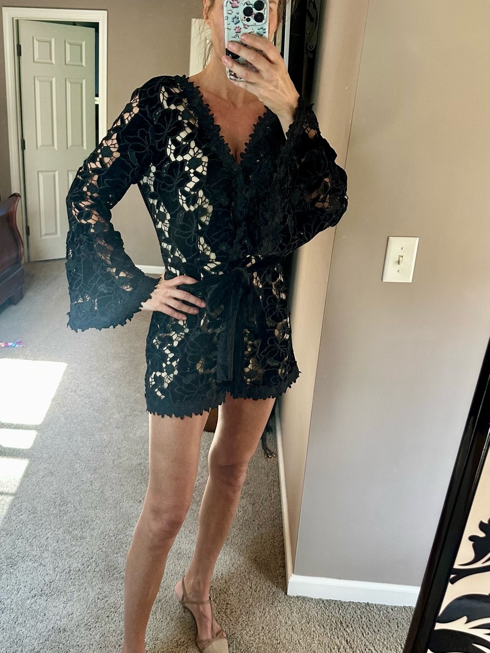 Black Floral Lace Wrap Romper with belt .